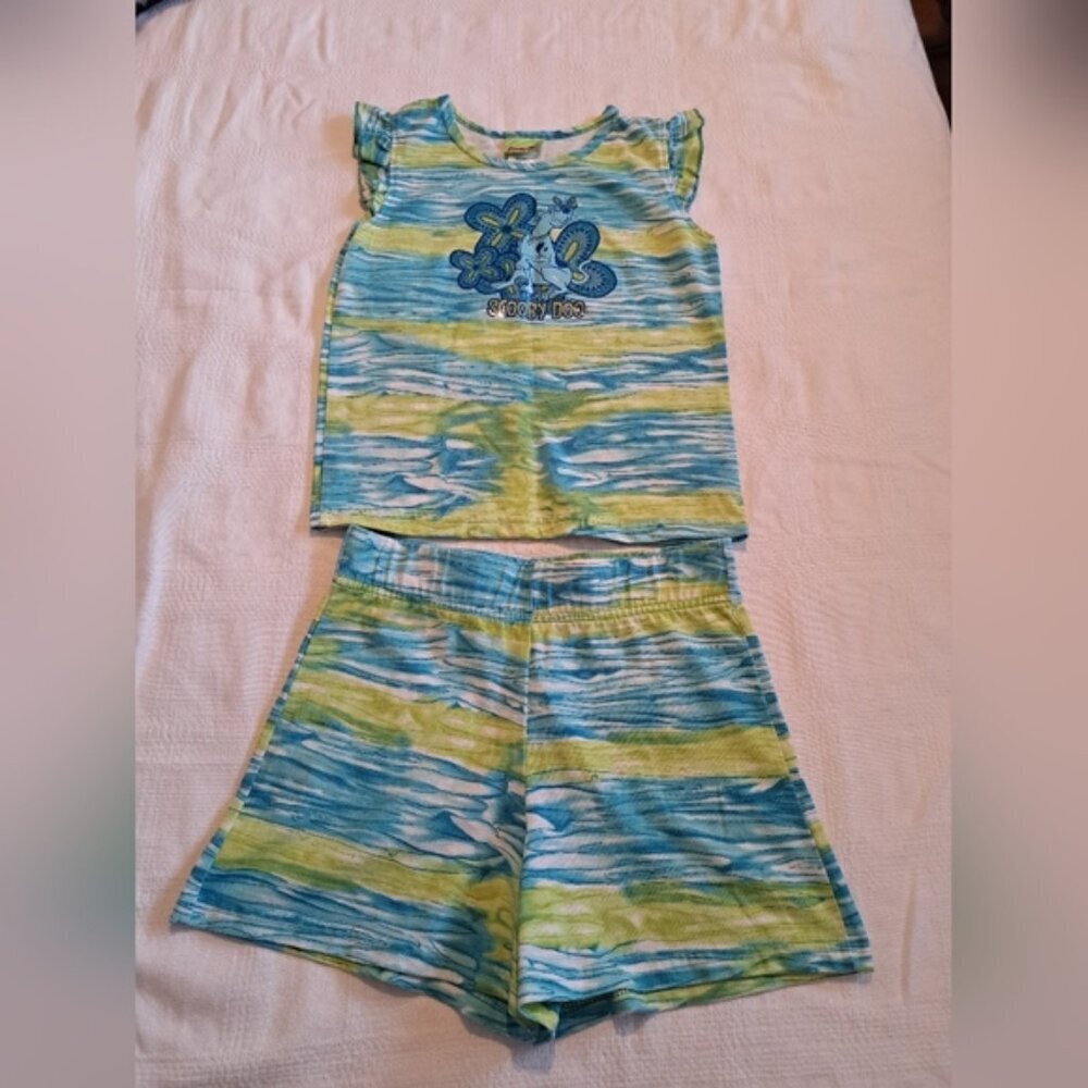 Scooby Doo girls size 10-12 turquoise white & lime short set EUC